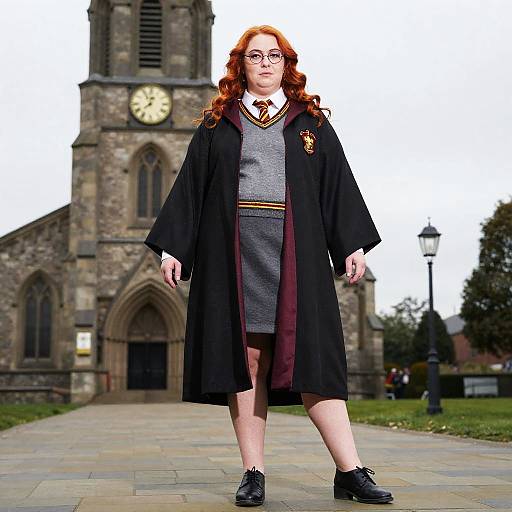 Photograph of a red-haired woman in Hogwarts-style school uniform with black robe, standing in front of a stone church with clock.