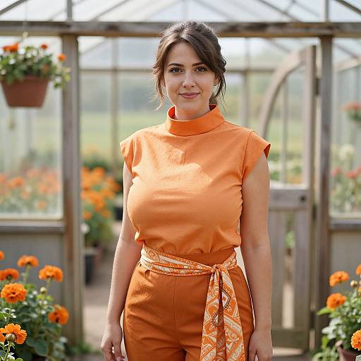 Toned Woman in Orange Outfit by Greenhouse