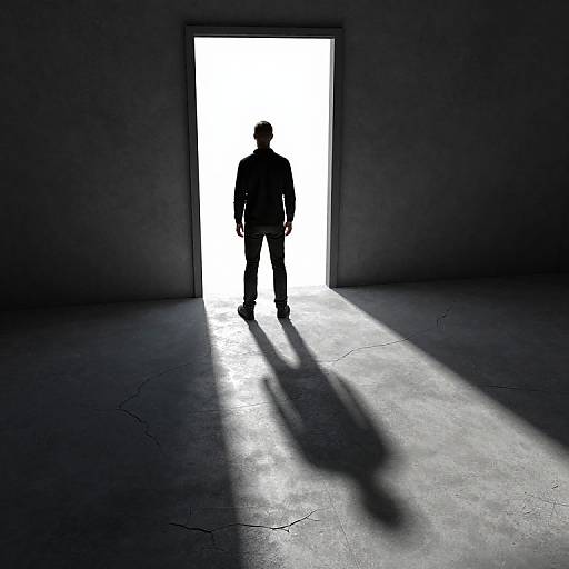 Silhouetted man standing in bright doorway casting long shadow on dark, cracked floor in photograph, high contrast, dramatic lighting.
