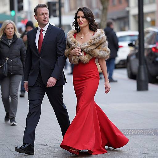 Photograph of a stylish couple walking on a city street; she wears a red, mermaid-style gown with fur shawl, he in a black
