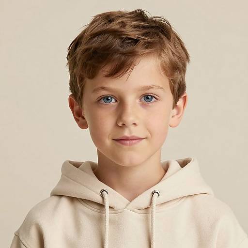 Boy with Blue Eyes in Beige Hoodie
