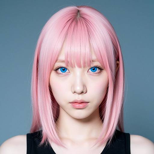 Digital portrait of a young woman with bright pink hair, blue eyes, and fair skin, wearing a black top, against a blue background.