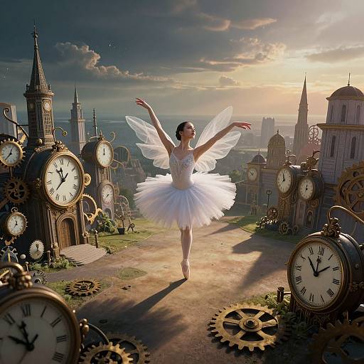 Digital artwork of a fairy-like ballerina with translucent wings, wearing a white tutu, standing on a clock-filled, fantasy cityscape at sunset