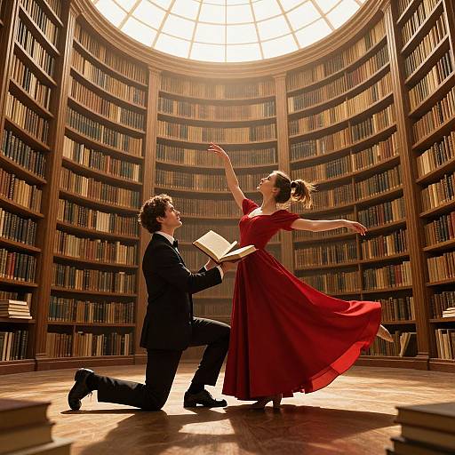 Photograph of a man in a black suit kneeling, holding a book, as a woman in a flowing red dress dances gracefully in a sunlit,