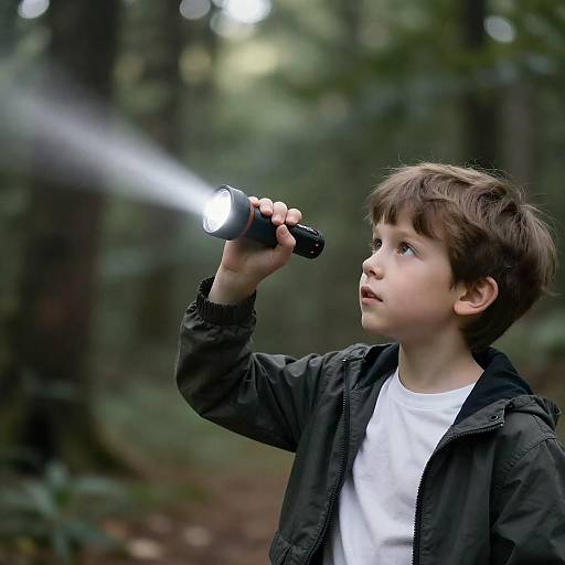 Boy Holding Flashlight in Forest