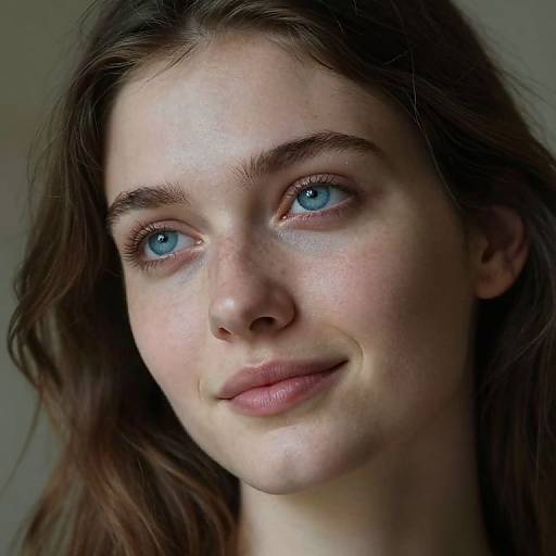 Photograph of a young woman with fair skin, blue eyes, and brown wavy hair, smiling softly, with natural light highlighting her freckles