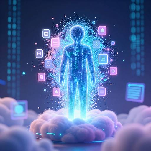 Neon blue, digital silhouette figure standing on a cloud, surrounded by glowing squares and particles in a futuristic, dark blue background. CGI art.