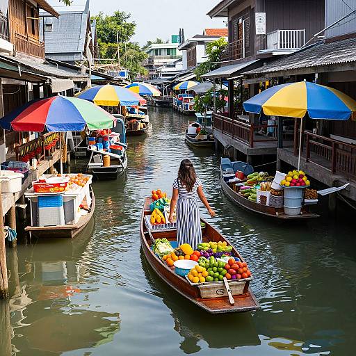 Photograph of a vibrant floating market with colorful umbrellas, wooden boats, and a woman in a striped dress selling fresh fruits.