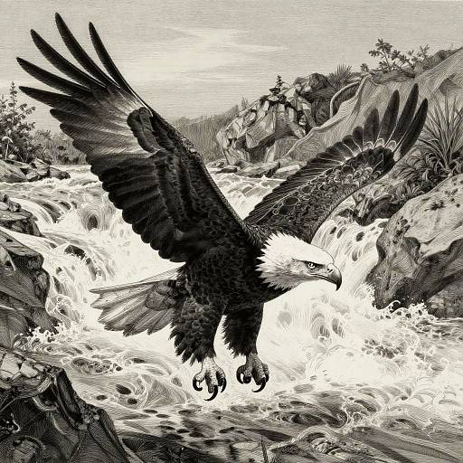 Monochrome Bald Eagle Flying Over River Gorge