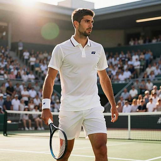 Photograph of a muscular male tennis player with short dark hair, wearing a white polo shirt and shorts, holding a tennis racket, standing on a sun