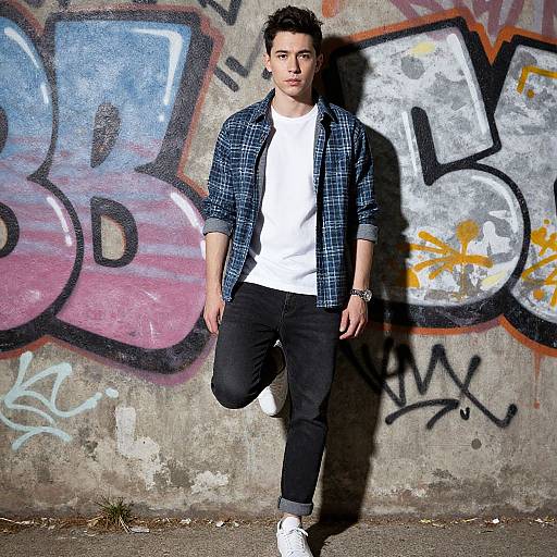 Photograph of a young man with short dark hair, wearing a blue plaid shirt, white t-shirt, black pants, and white sneakers, standing