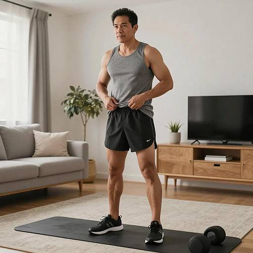 Photograph of a muscular, dark-skinned man in a gray tank top and black Nike shorts, standing on a yoga mat in a modern living room