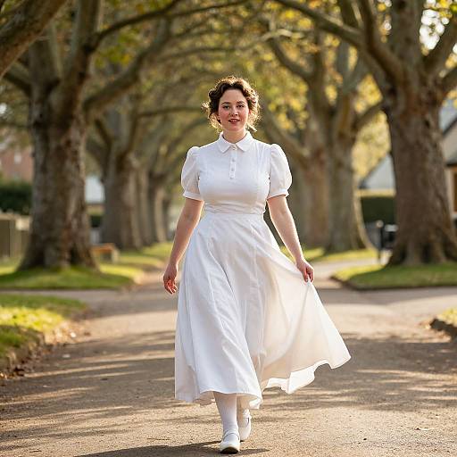 Photograph of a fair-skinned woman with curly dark hair, wearing a white, short-sleeved, high-collared dress and white shoes
