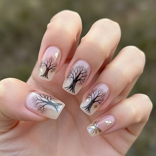 Photograph of a hand with white nails featuring black tree silhouettes and gold accents, set against a blurred outdoor background.
