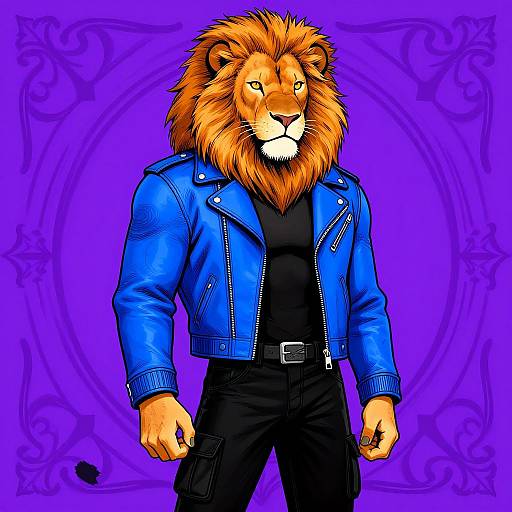 Digital art: Anthropomorphic lion with a muscular build, wearing a blue leather jacket and black shirt, against a purple ornate background.
