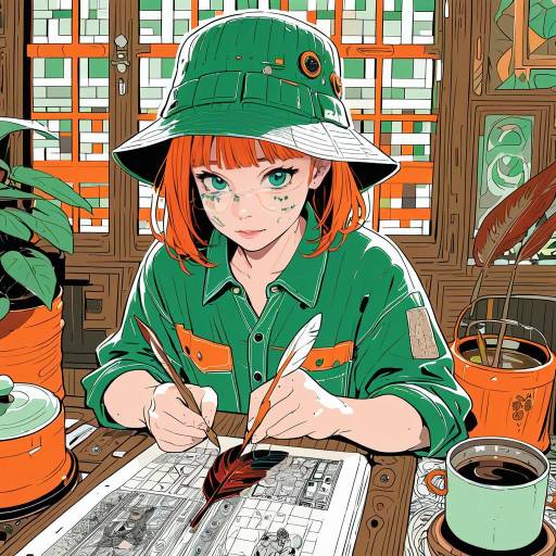 Young Woman Writing with Quill and Coffee