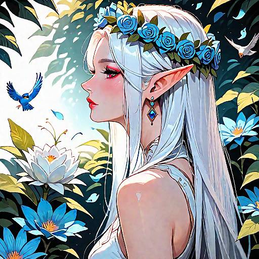 White Haired Elf with Blue Flowers