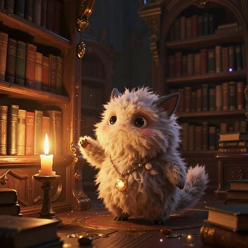 Whimsical Creature in Enchanted Library