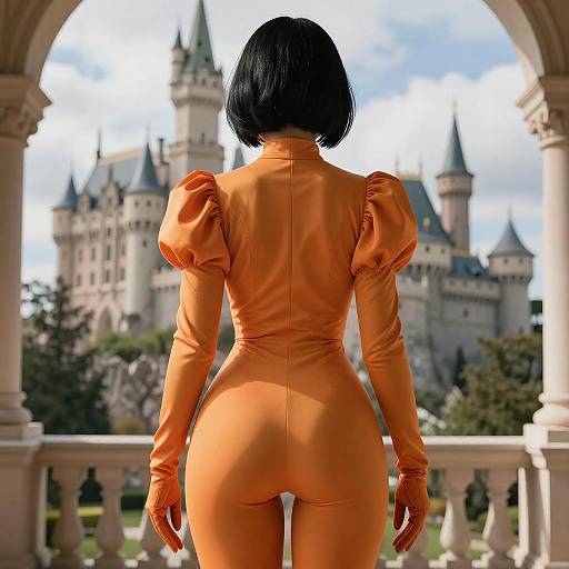 Photograph-style digital artwork of a woman with short black hair in an orange, form-fitting, puffy-sleeve jumpsuit, facing a