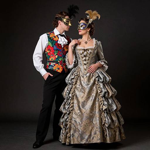 Photograph of a couple in elaborate Venetian Carnival costumes: man in colorful vest, white shirt, black pants; woman in gold, ruffled