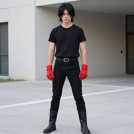 Photograph of a young man with black hair, wearing a black t-shirt, black pants, red gloves, black boots, standing in an urban parking