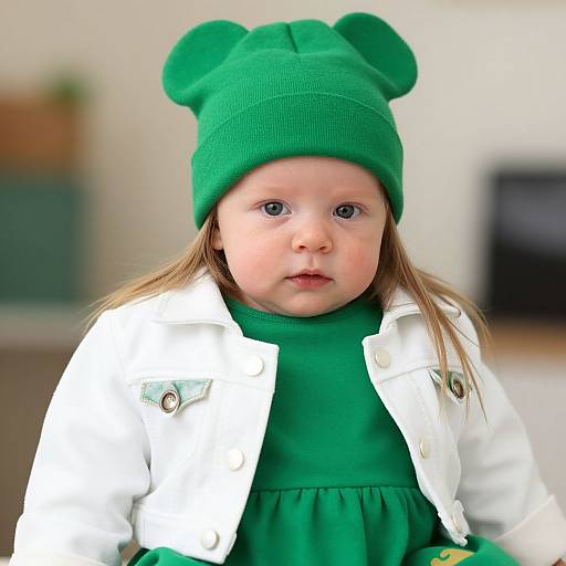 Photograph of a young girl with fair skin and blue eyes, wearing a green hat with bear ears, white jacket, and green dress, in a