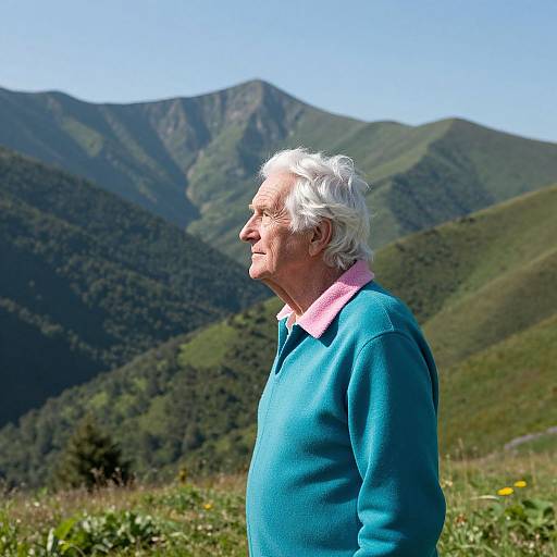 Photograph of elderly man with white hair, wearing teal sweater with pink collar, standing in grassy meadow, looking at mountains.