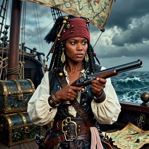 Photorealistic digital painting of a Black female pirate with braided hair, red headscarf, white shirt, holding a pistol on a stormy