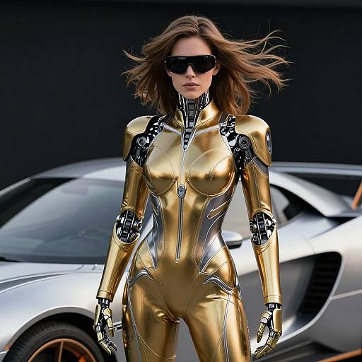 Photograph of a woman in a shiny, gold, futuristic bodysuit with black mechanical accents, wearing black sunglasses, standing in front of a sleek
