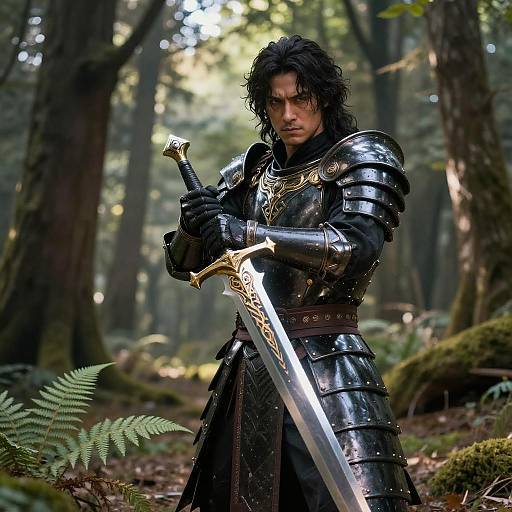 Photorealistic digital art of a dark-haired, brooding warrior in ornate black armor holding a gleaming silver sword in a misty forest.