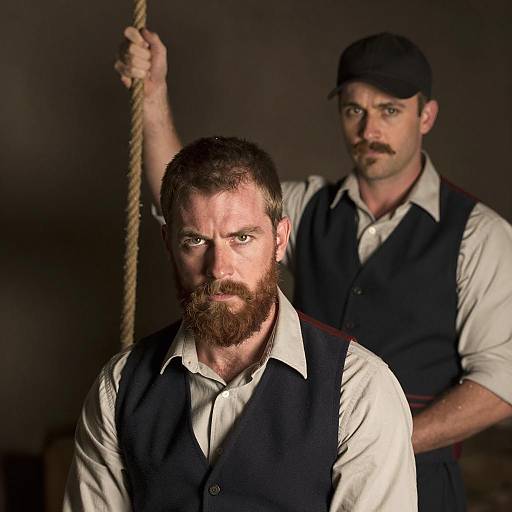 Two Men Holding Ropes in Dim Light