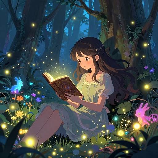 Anime-style digital artwork of a girl with long black hair, wearing a white dress, reading a book amidst a glowing forest of fireflies and colorful flowers