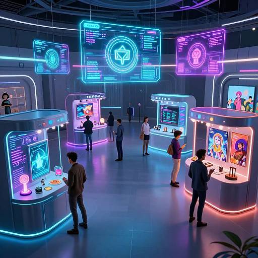 Photograph of a futuristic tech exhibition with neon blue and purple holographic displays, several people interacting with glowing kiosks, vibrant lights, and modern