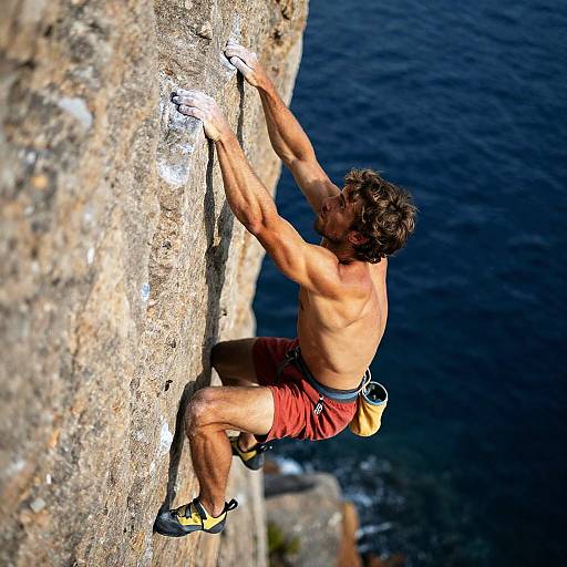 Shirtless Male Rock Climber on Coastal Cliff