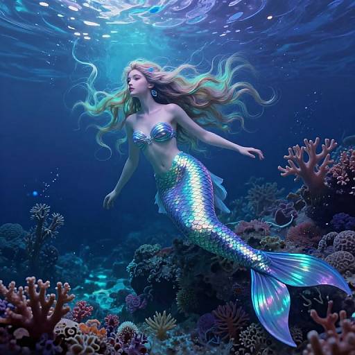Digital artwork of a shimmering blue mermaid with long blonde hair, gliding underwater among vibrant coral reefs, illuminated by sunlight.