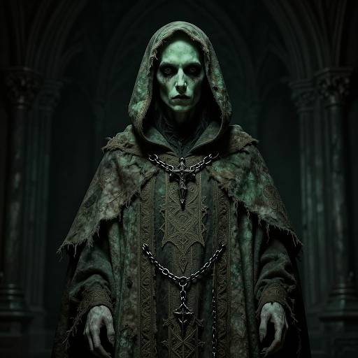 Mysterious, hooded figure with pale face, stone-like texture, wearing tattered robes and heavy chains, standing in dark, gothic archway