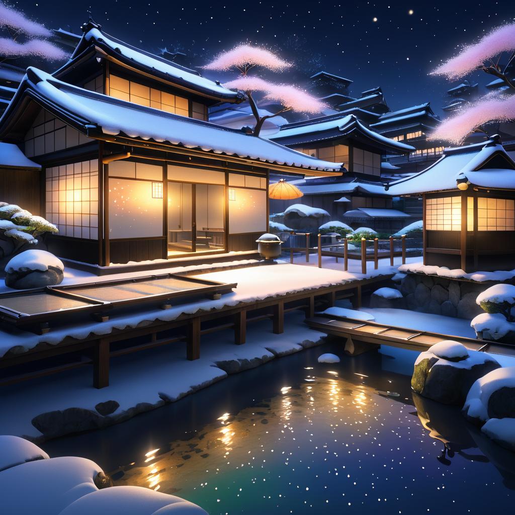 Cozy Nighttime Onsen with Snowflakes