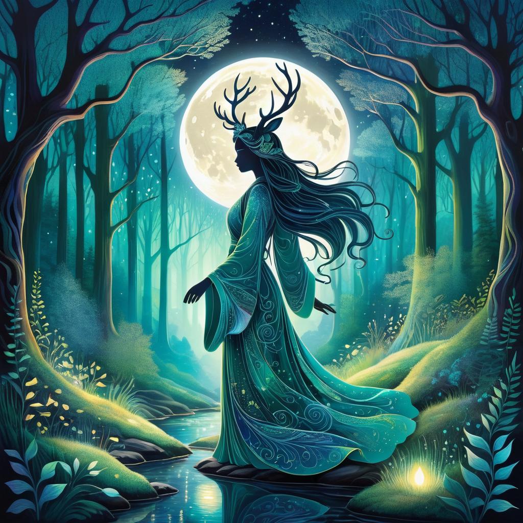 Whimsical Forest Spirit in Moonlit Glade