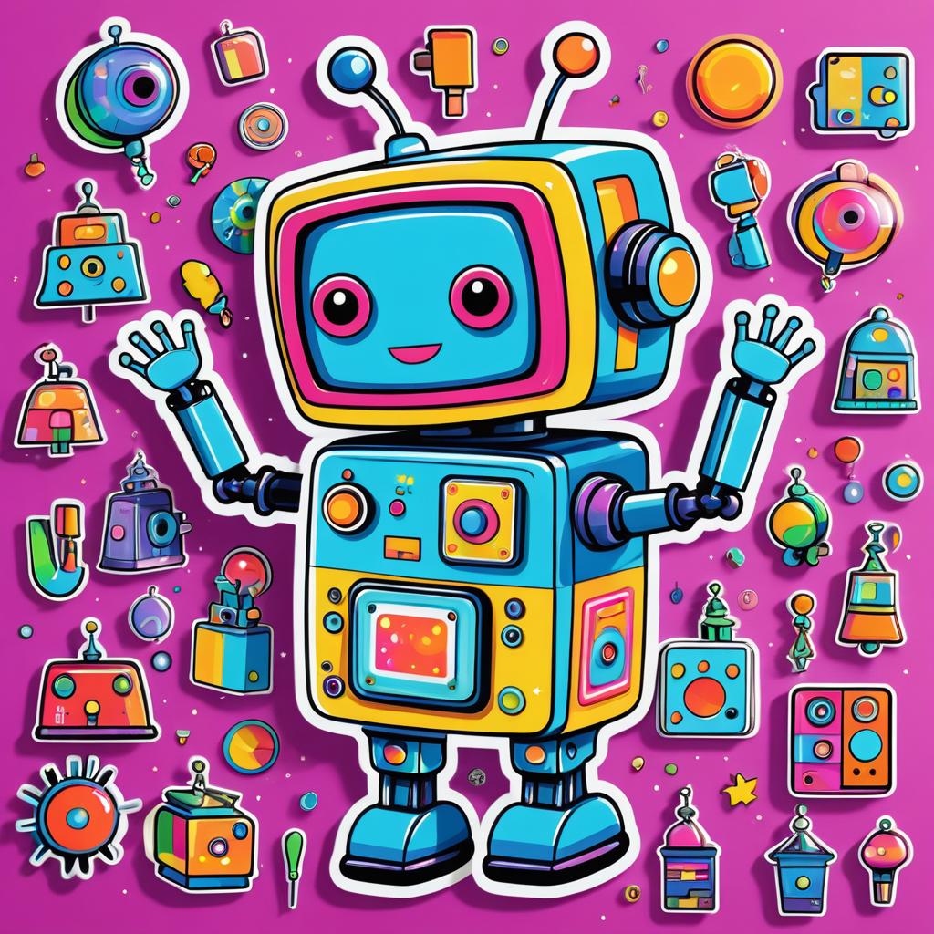 Curious Robot in Whimsical Sticker Art