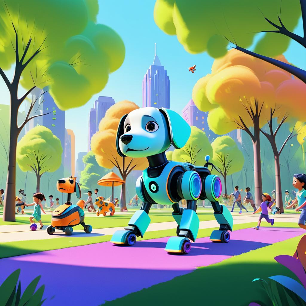 Vibrant Robot Dog in Urban Park Scene