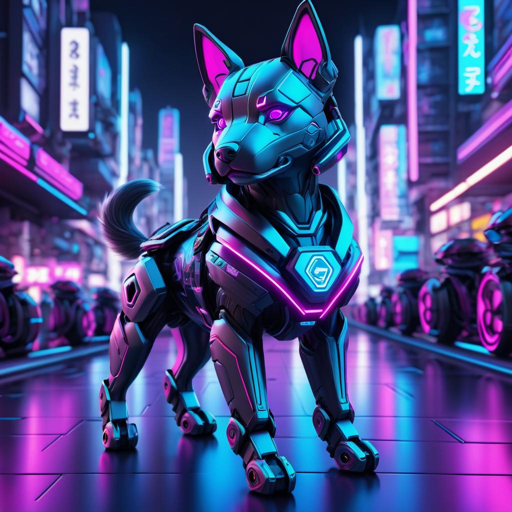 Cyberpunk Mecha Dog in Neon City