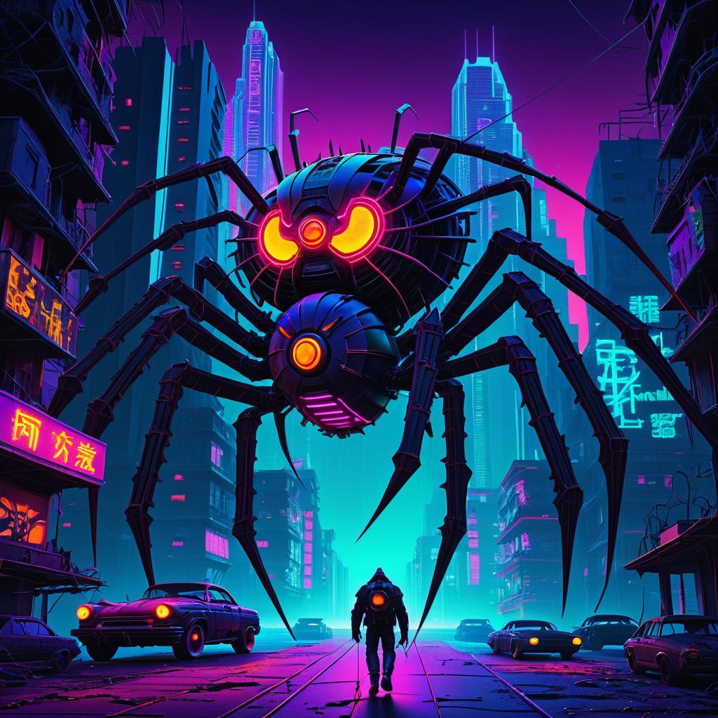 Cyberpunk Horror: Monstrous Spider in Neon