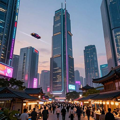 Photograph of a bustling cityscape at dusk, featuring modern skyscrapers with neon lights, traditional Korean market stalls, and a flying drone. Crowd