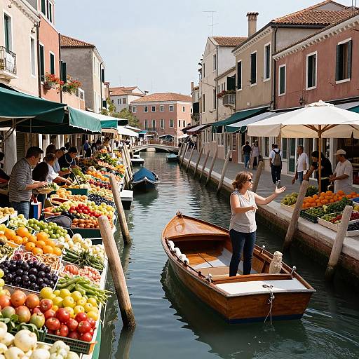 Photograph of a vibrant Venetian canal market, wooden boat with woman in white shirt, colorful fruit stalls under green and white umbrellas.