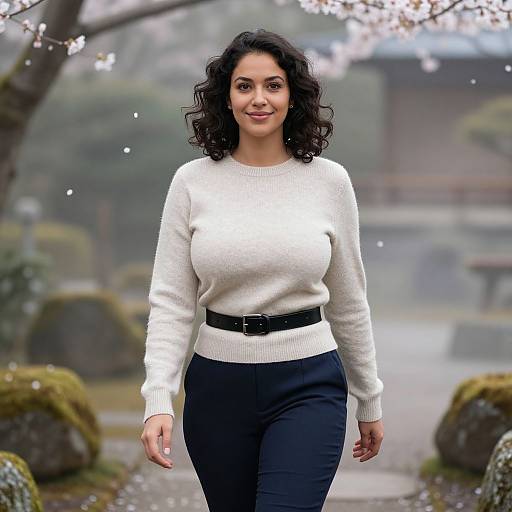 Photograph of a smiling woman with curly black hair, wearing a white sweater and black pants, belted at the waist, walking through a misty