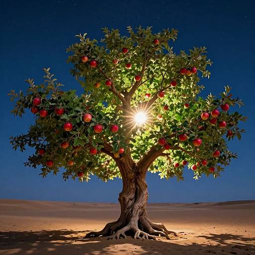 Photograph of a sunlit apple tree with red apples, glowing from behind, standing in a desert under a starry night sky.