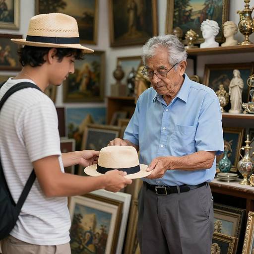 Elderly Man Receiving Hat in Shop