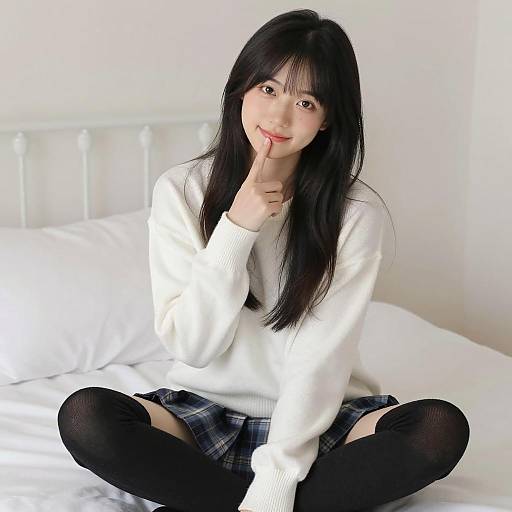 Asian Woman Sitting on Bed in Cozy Outfit