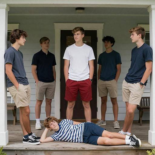 Teenagers on a Wooden Porch in Daylight