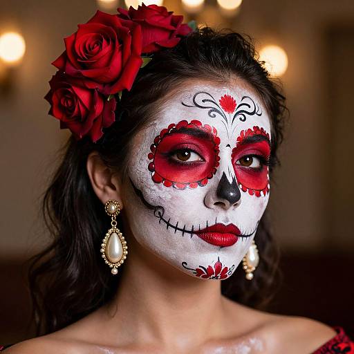 Photograph of a woman with white face paint, red heart eyes, black nose, red lips, red roses in hair, gold earrings, in dim